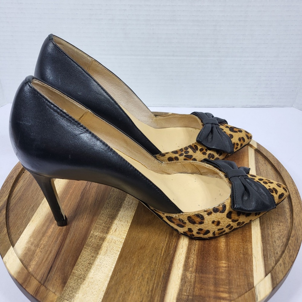 Kate Spade Leopard Print Calf Hair Black Leather‎ Bow Pointed Toe Pumps 6.5M - Picture 10 of 13